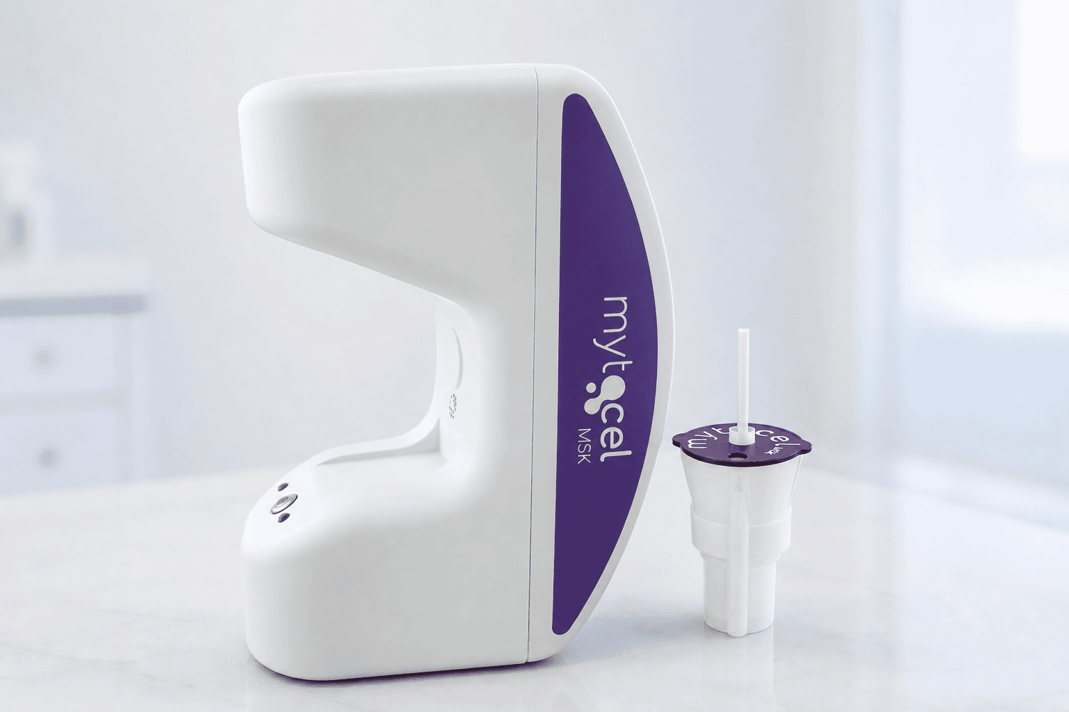 Mytocel MSK processing device and single-use tissue-processing cartridge in a clinical setting.